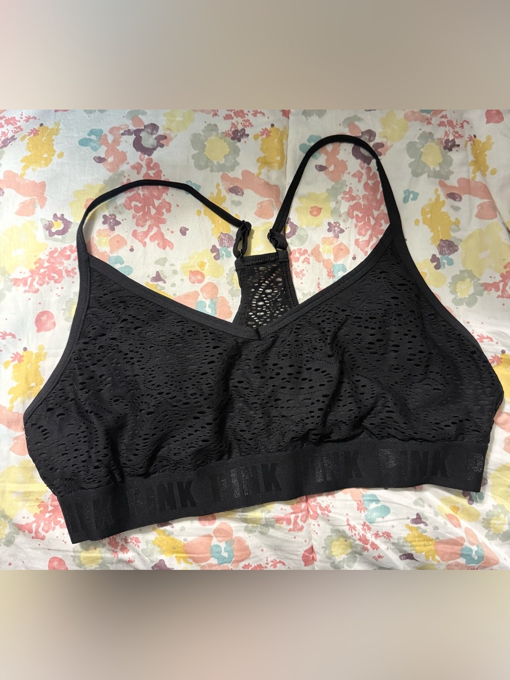 PINK SPORT Black Lace Razorback Sports Bra Wireless (L)